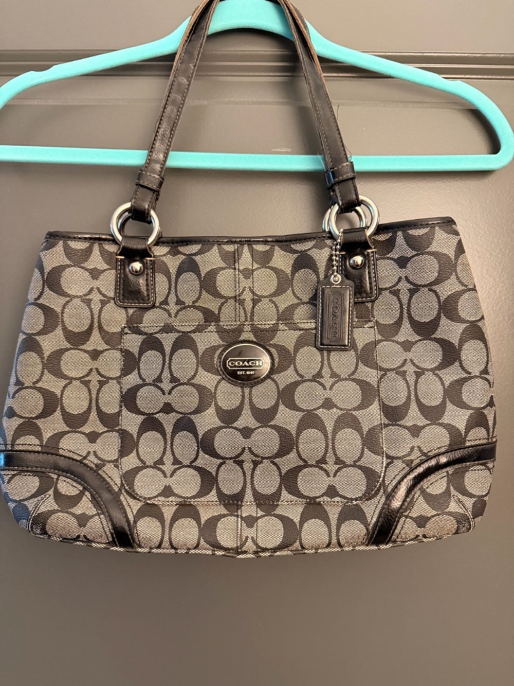 Coach Monogram PVC Leather Tote in Black and Gray with matching wallet